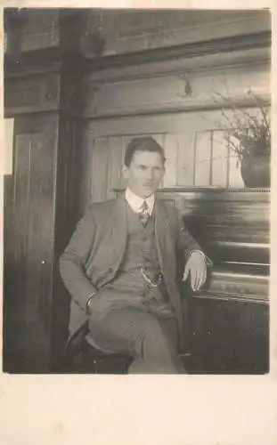 Men portrait vintage photo postcard elegant man with moustache and piano