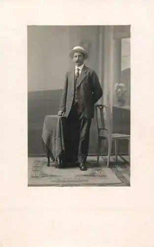 Men portrait vintage photo postcard elegant man with moustache and hat