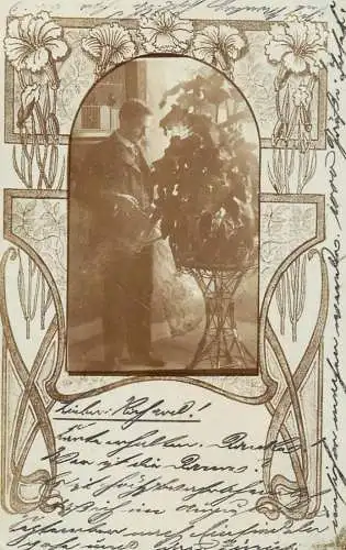 Men portrait vintage photo postcard elegant man watering plant