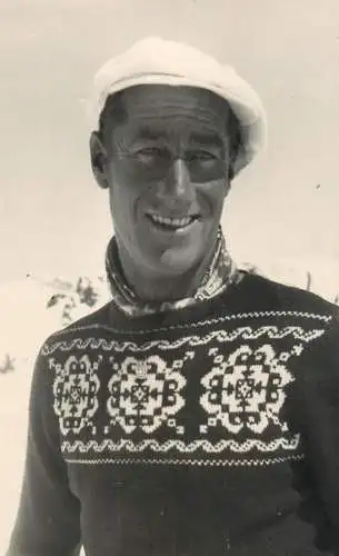 Men portrait vintage photo postcard man with hat on a ski slope in Switzerland