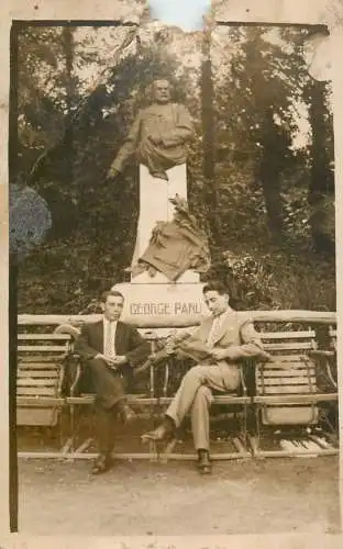 Men portrait vintage photo postcard elegant men in front of statue of George Panu Romania