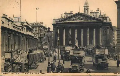 London royal exchange and bank old trucks in front
