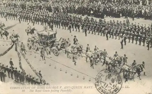 Coronation of king George V and Queen Mary royal coach passing Piccadilly 1911