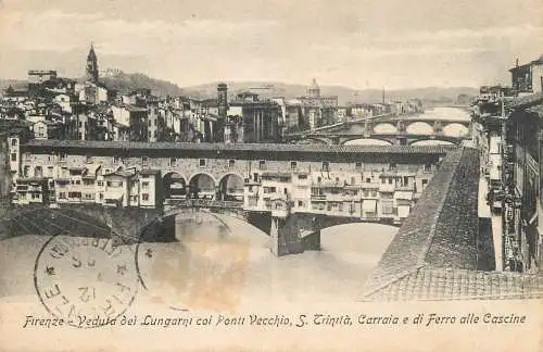 Italy Florence veduta dei Lungarni coi Ponti Vecchio S Trinita Carraia e di Ferro alle Cascine