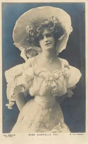 English stage actress, dancer and singer Edwardian era beauty starlet Miss Gabrielle Ray fancy dress and hat