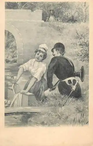 Chasse amour romantic scene military love idyll scene vintage pictorial card
