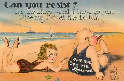 Can you resist? pipe my P.S. at the bottom come and see me lonesome comic caricature postcard 1941