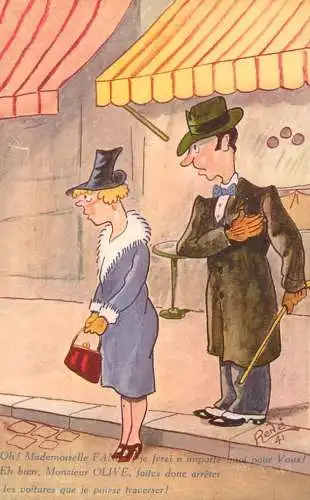 Mademoiselle Fanny et Monseur Olive arrter les voitures que je piusse traverser comique signe Rene