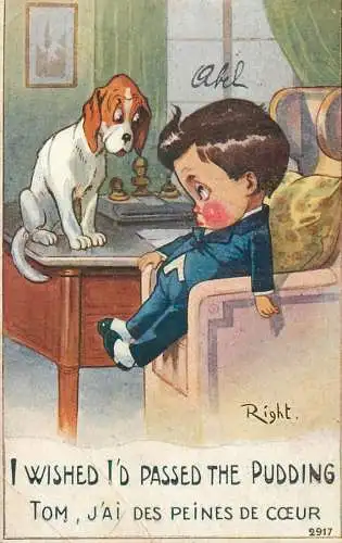 Children comic - signed Right dog and boy passed the pudding