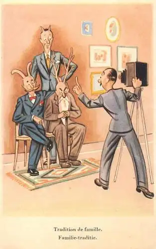 Humor family tradition camera men with horns caricature postcard