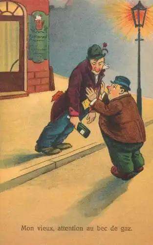 Humour drunk men comic caricature postcard bec de gaz lamp