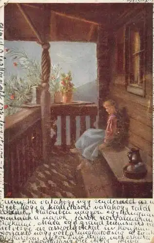 Fine arts postcard painting child on a chalet porch