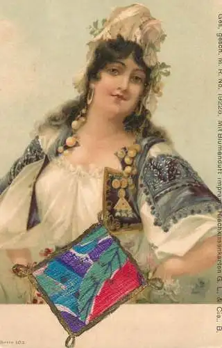 Fine arts postcard painting young woman in traditional costume and golden earrings