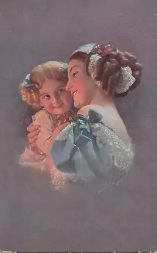 Fine arts postcard painting young lady and child