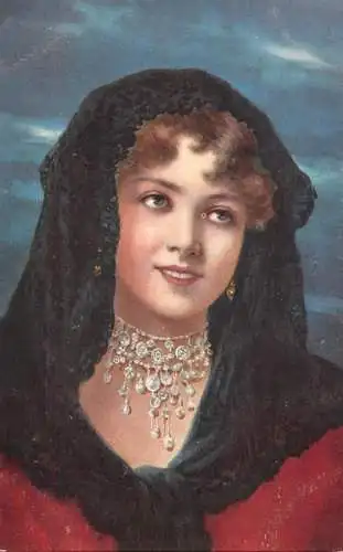 Fine arts postcard painting russian artist princess lady portrait diamond necklace