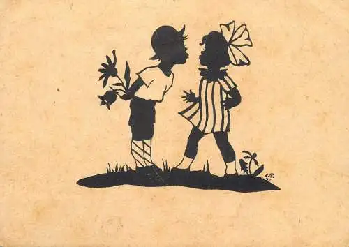 Children couple silhouette postcard