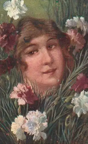 Fine arts postcard painting woman portrait in nature