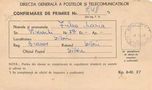 Romania postal receipt 1963 Sibiu