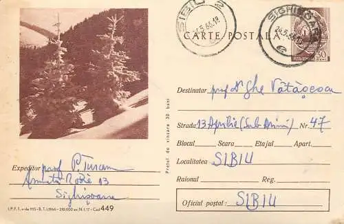 Romania postal stationery postcard Sighisoara to Sibiu 1966