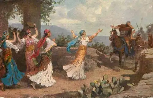 Fine arts postcard painting R. Seinroeber Jephthah'sdaughter meet father