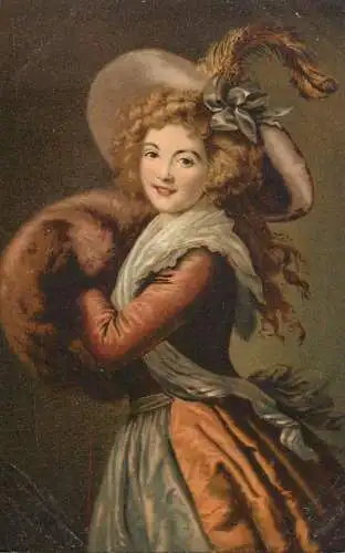 Fine arts postcard painting Dame m. Muff Lebrun