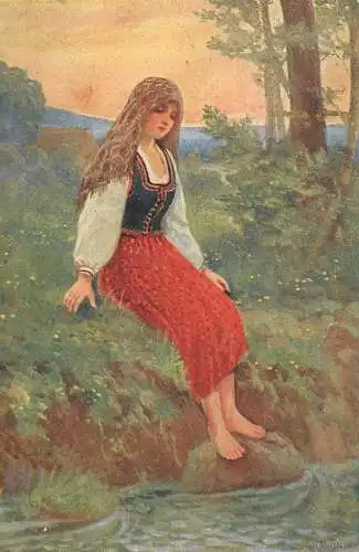 Fine arts postcard painting peasant woman in the river A. Winska