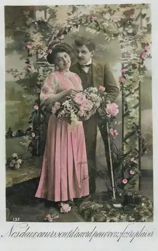 Romantic couple greetings postcard coiffure elegance dress suit flower bouquet