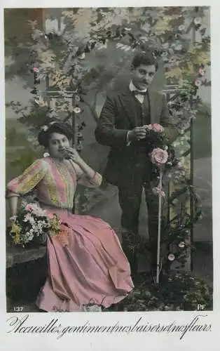 Romantic couple greetings postcard coiffure elegance dress suit