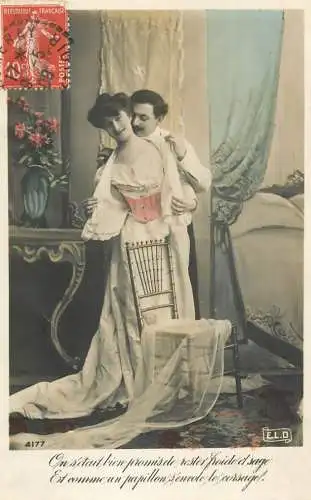 Romantic couple greetings postcard coiffure elegance dressing room