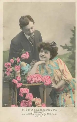 Romantic couple greetings postcard coiffure elegance glam gaze 1908