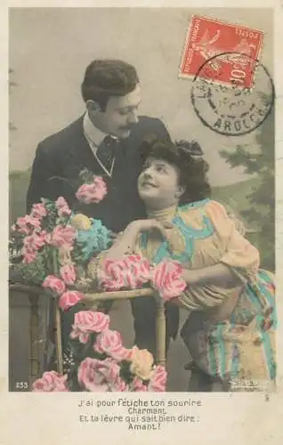 Romantic couple greetings postcard coiffure elegance glam gaze 1908