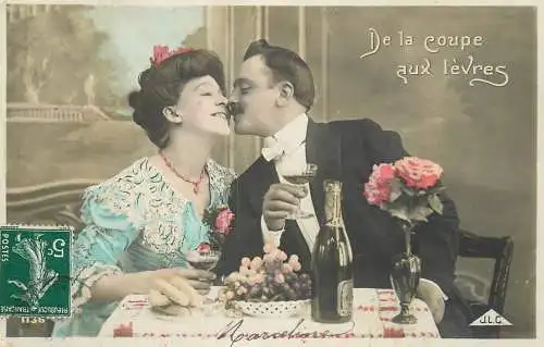 Romantic couple greetings postcard coupe aux levres moustache champagne