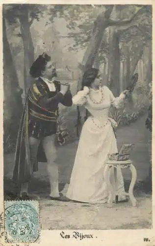Romantic couple greetings postcard theatre play costumes and elegance