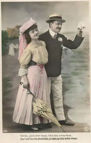 Romantic couple greetings postcard elegance beauty hat umbrella