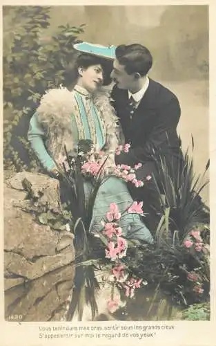 Romantic couple greetings postcard elegance fur coiffure
