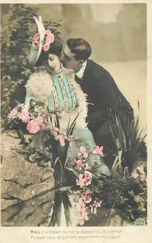 Romantic couple greetings postcard elegance fur coiffure