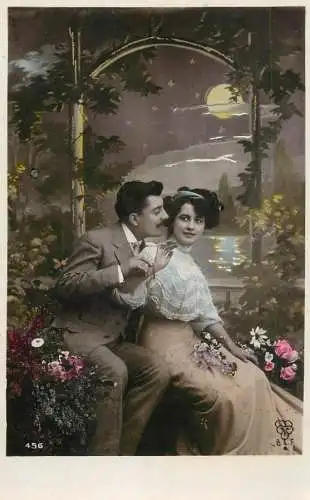 Romantic couple greetings postcard elegance and flower bouquet