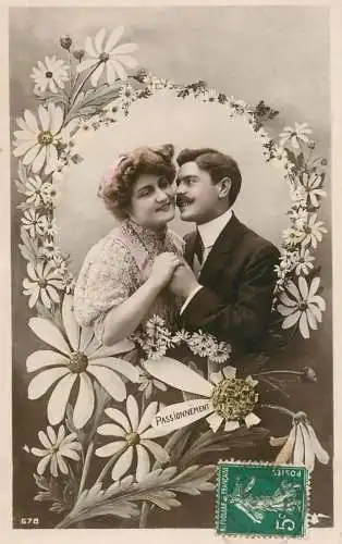 Romantic couple greetings postcard embrace moustache and coiffure passionnement