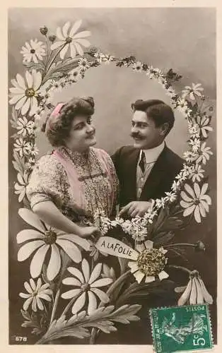 Romantic couple greetings postcard a la folie embrace moustache and coiffure