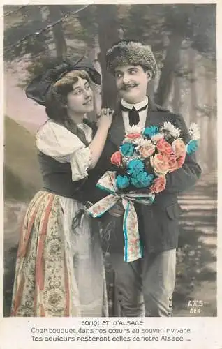 Romantic couple greetings postcard Bouquet d'Alsace flower traditional costume
