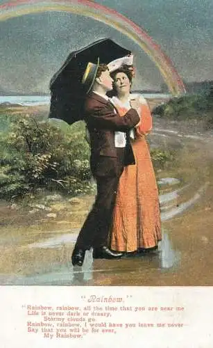 Postcard Couple lovers coiffure elegance rainbow umbrella