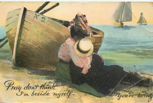 Postcard Couple lovers coiffure elegance on a beach boat