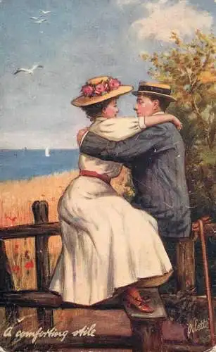 Postcard Couple lovers coiffure smile elegance hat embrace Tuck Oilette
