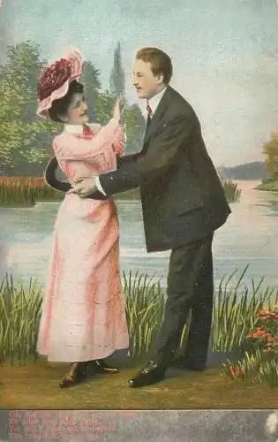 Postcard Couple lovers coiffure smile elegance hat embrace