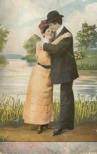 Postcard Couple lovers coiffure smile elegance hat embrace