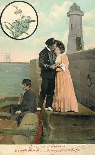 Postcard Couple lovers coiffure smile elegance navy language of flowers light house