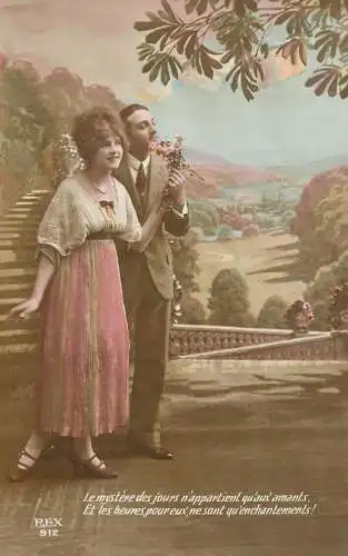 Postcard Couple lovers embrace glam coiffure and elegance