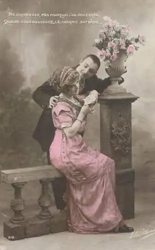 Postcard Couple lovers embrace grace glam pearls coiffure
