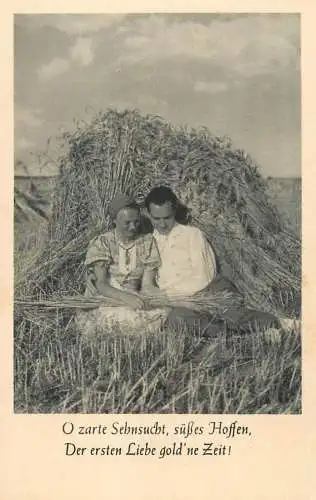 Postcard Couple lovers in nature hay stack