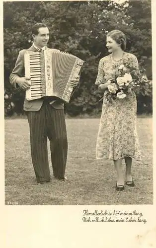 Postcard Couple lovers elegance in nature acordeon and flowers